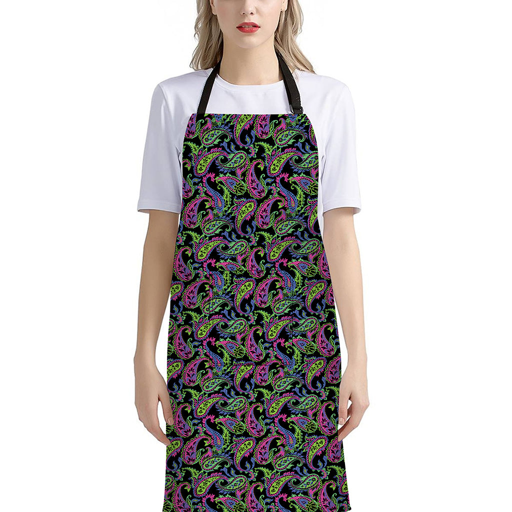 Pink Blue And Green Paisley Print Bib Apron With Pocket