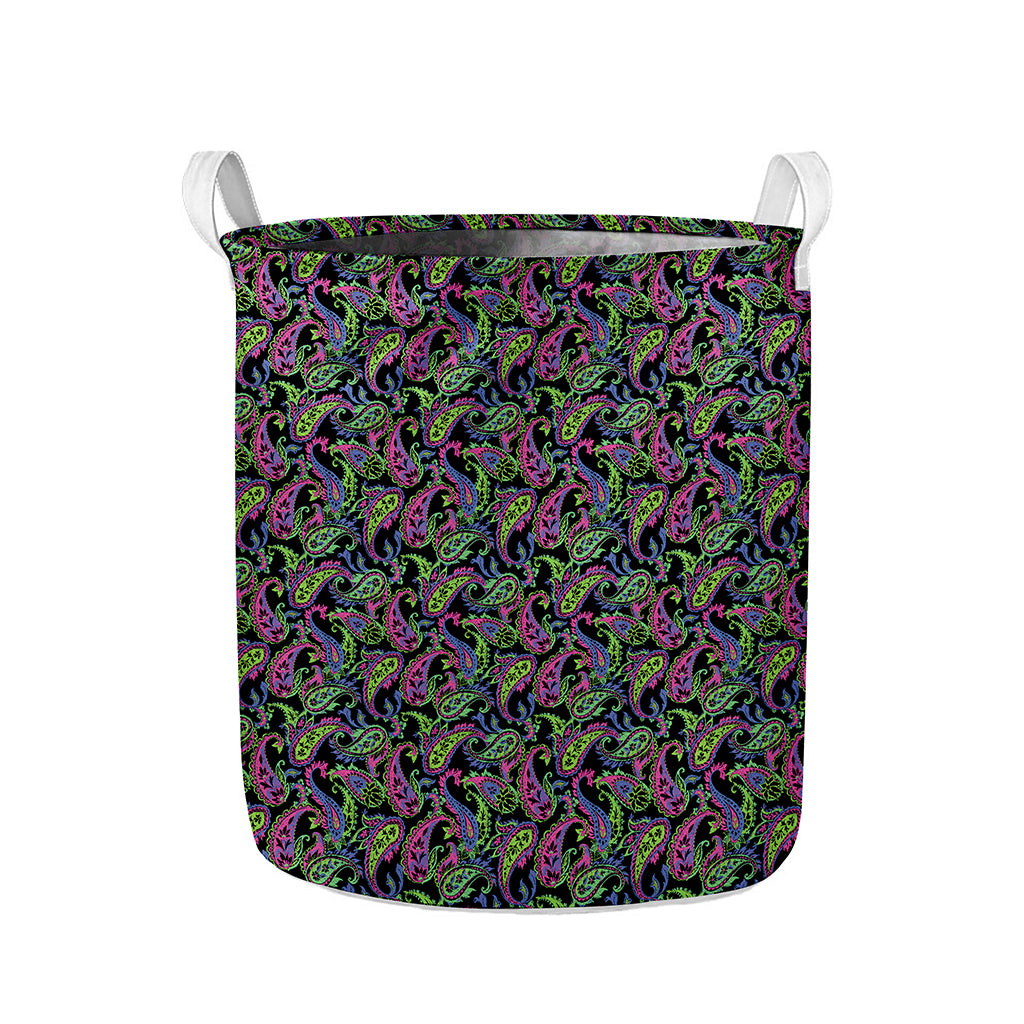 Pink Blue And Green Paisley Print Collapsible Laundry Basket