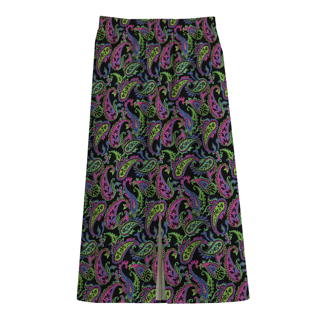 Pink Blue And Green Paisley Print Cotton Front Slit Maxi Skirt