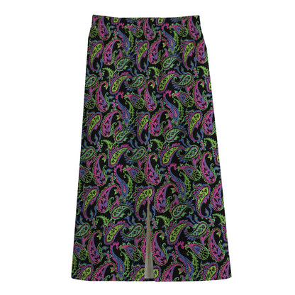 Pink Blue And Green Paisley Print Cotton Front Slit Maxi Skirt