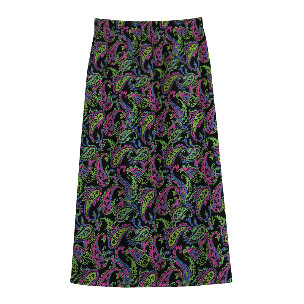 Pink Blue And Green Paisley Print Cotton Front Slit Maxi Skirt