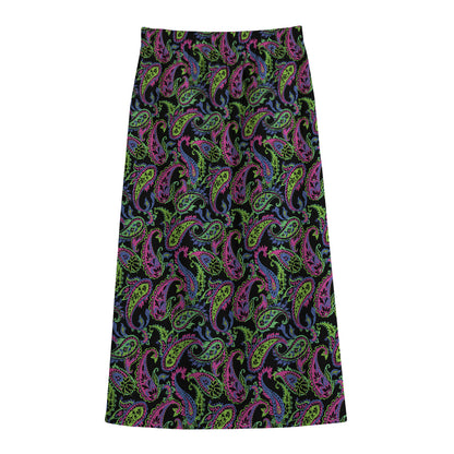 Pink Blue And Green Paisley Print Cotton Front Slit Maxi Skirt