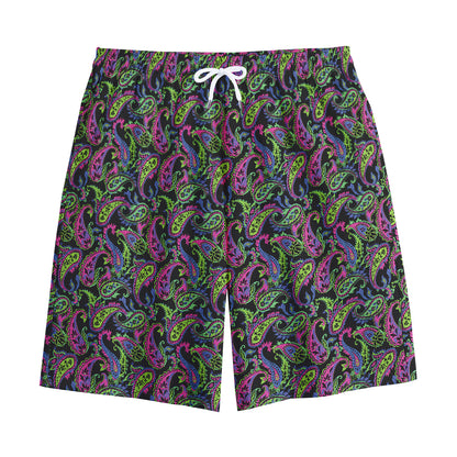 Pink Blue And Green Paisley Print Cotton Shorts