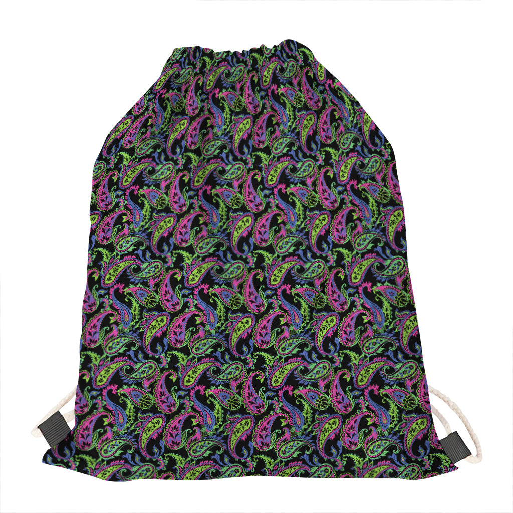 Pink Blue And Green Paisley Print Drawstring Bag