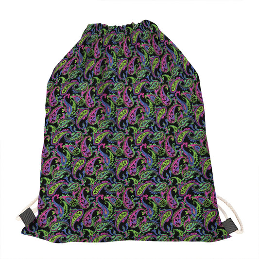 Pink Blue And Green Paisley Print Drawstring Bag