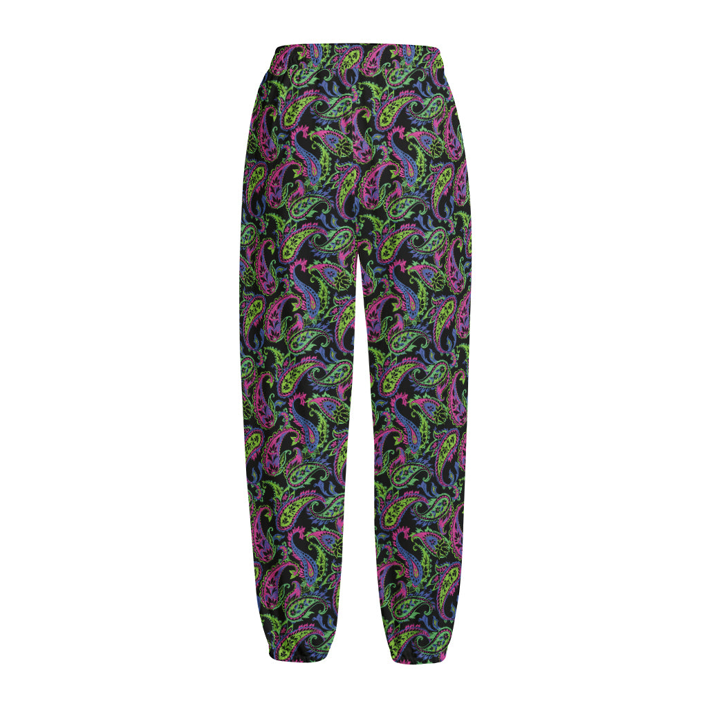 Pink Blue And Green Paisley Print Fleece Lined Knit Pants