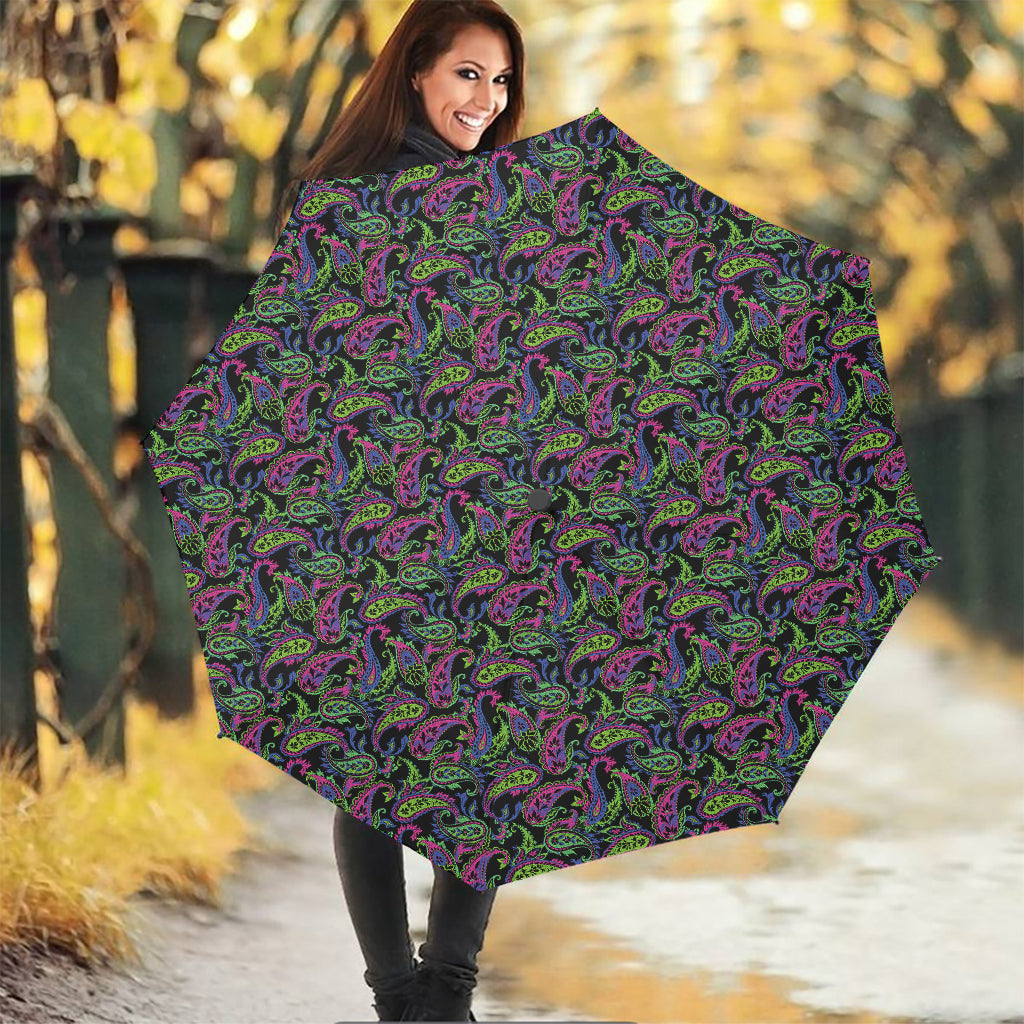 Pink Blue And Green Paisley Print Foldable Umbrella