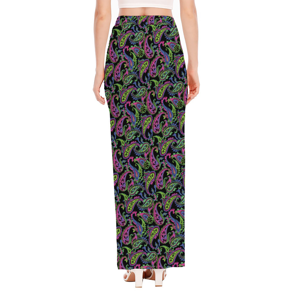 Pink Blue And Green Paisley Print High Slit Maxi Skirt