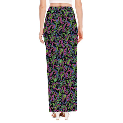 Pink Blue And Green Paisley Print High Slit Maxi Skirt