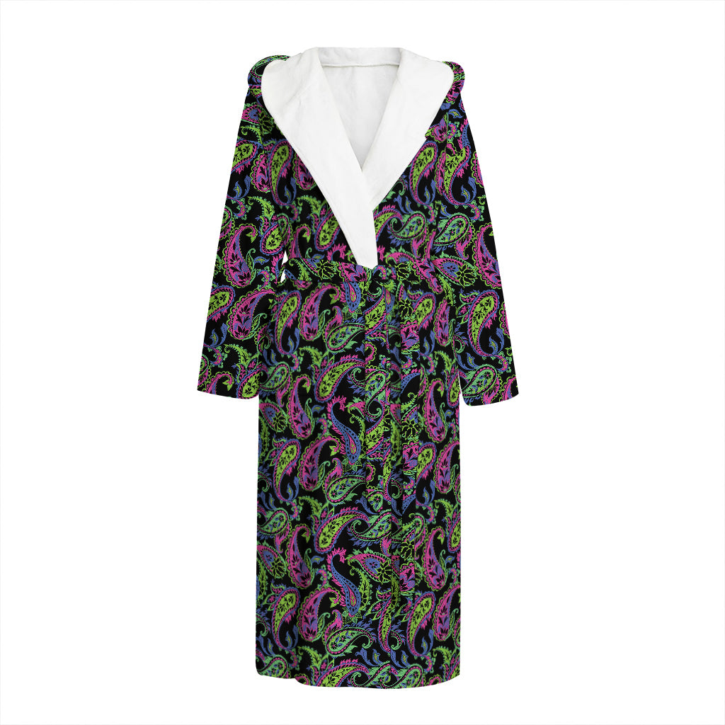 Pink Blue And Green Paisley Print Hooded Bathrobe