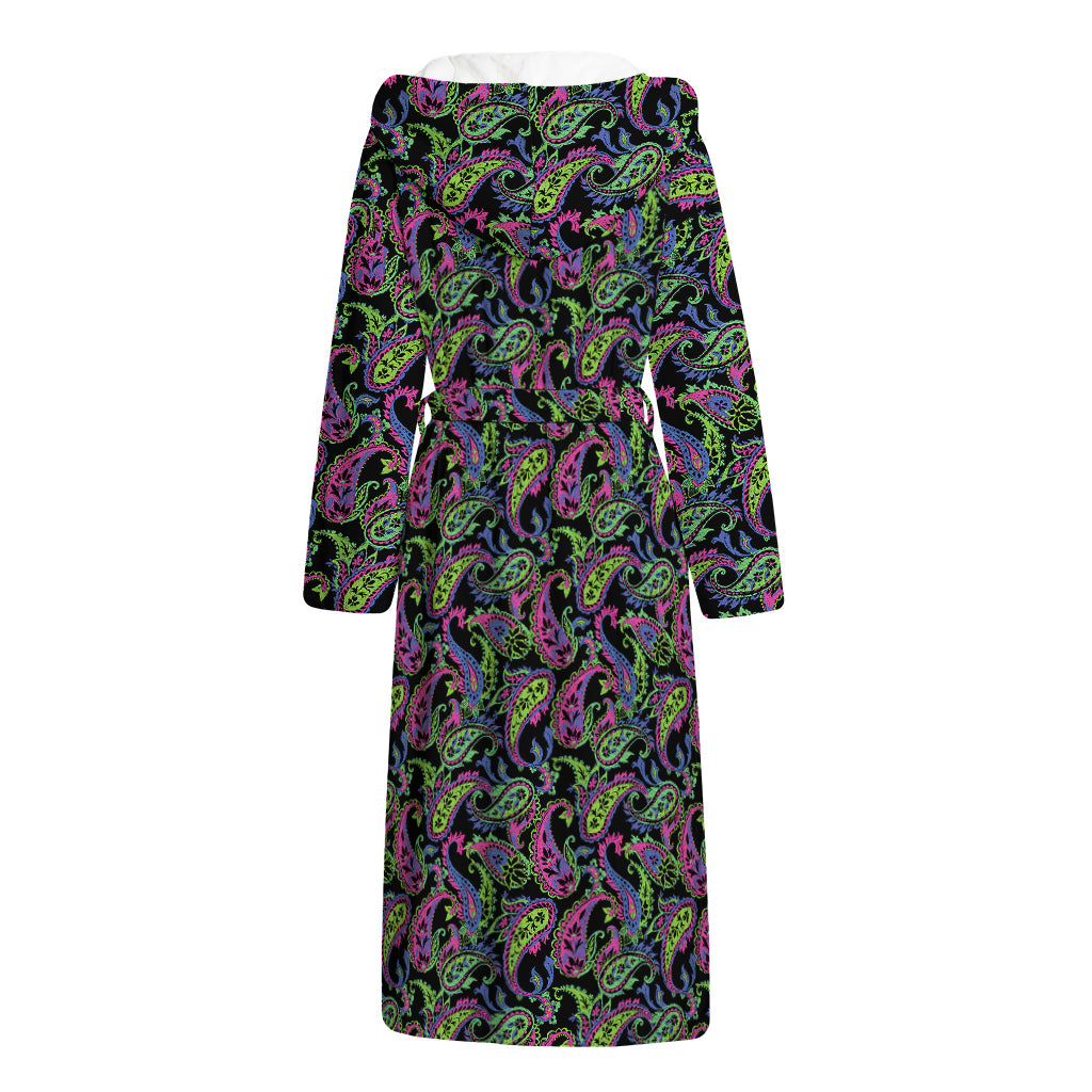 Pink Blue And Green Paisley Print Hooded Bathrobe