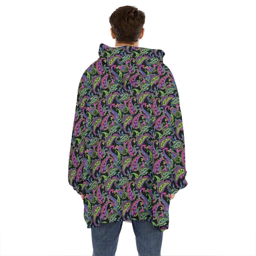 Pink Blue And Green Paisley Print Hoodie Blanket