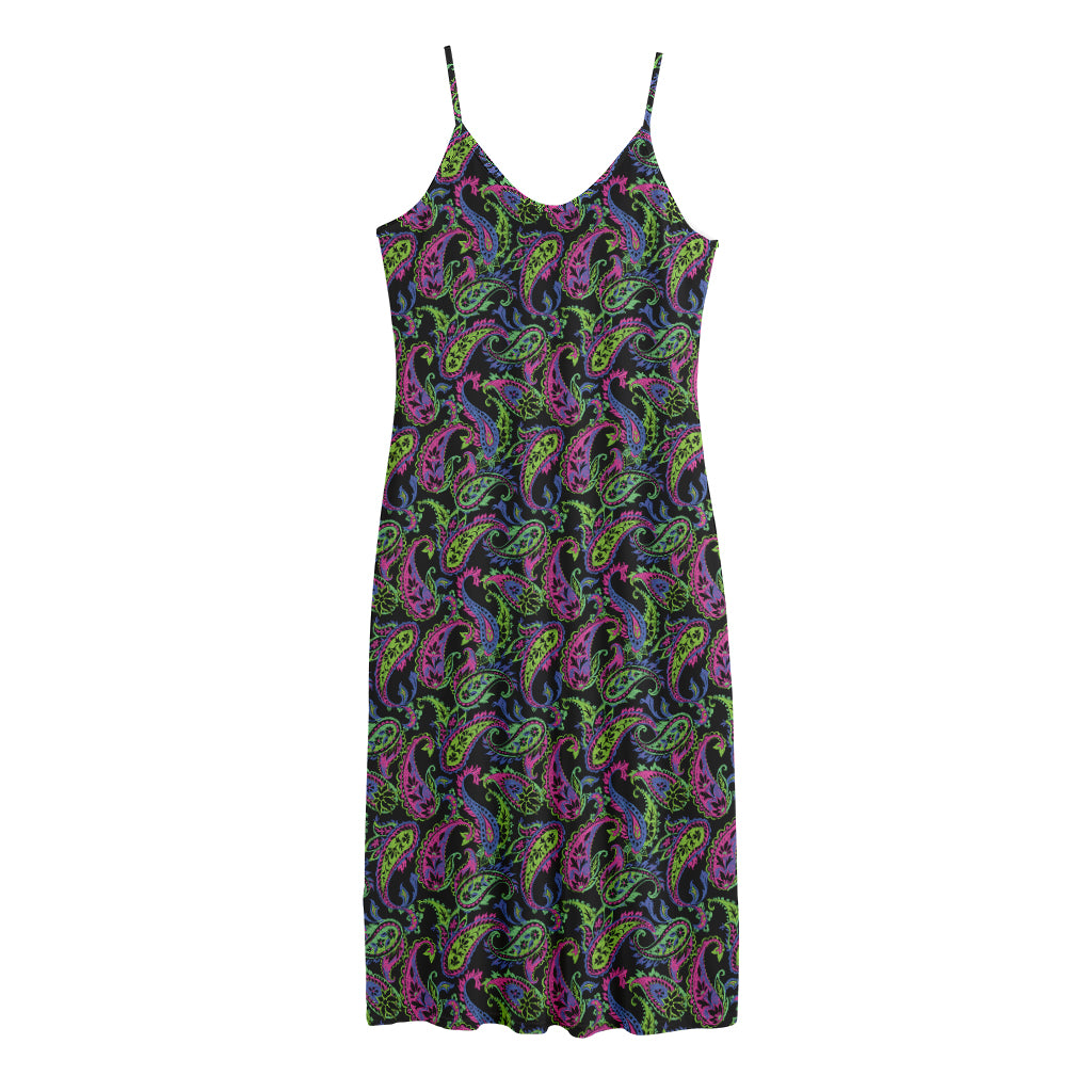 Pink Blue And Green Paisley Print Jersey Midi Cami Dress