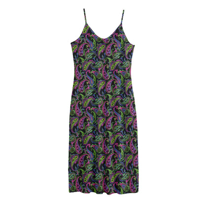Pink Blue And Green Paisley Print Jersey Midi Cami Dress