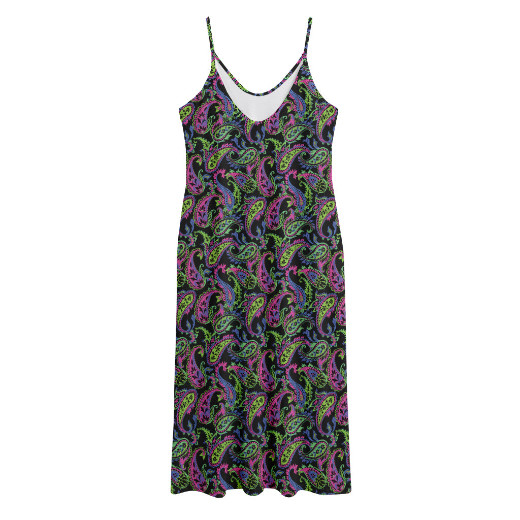 Pink Blue And Green Paisley Print Jersey Midi Cami Dress