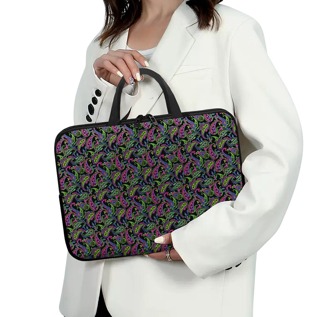 Pink Blue And Green Paisley Print Laptop Sleeve With Handle