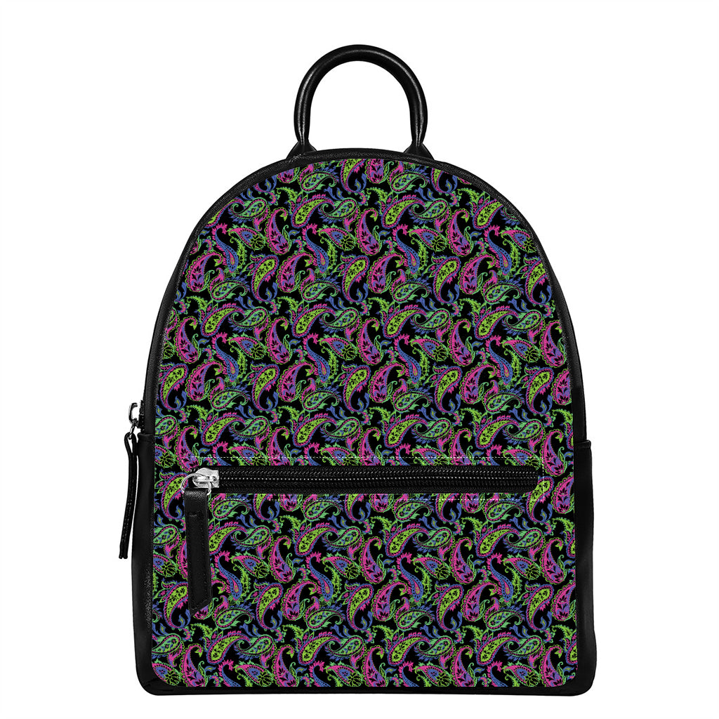 Pink Blue And Green Paisley Print Leather Backpack