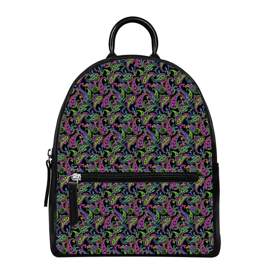 Pink Blue And Green Paisley Print Leather Backpack