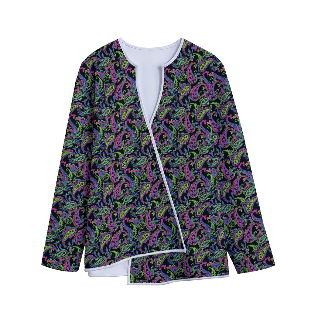 Pink Blue And Green Paisley Print Long Sleeve Short Coat