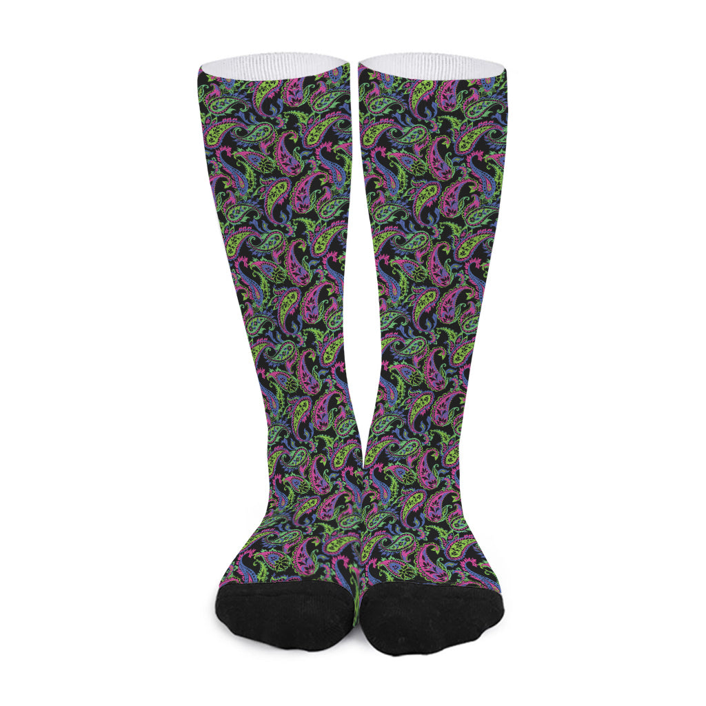 Pink Blue And Green Paisley Print Long Socks