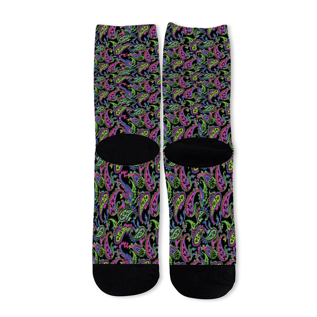Pink Blue And Green Paisley Print Long Socks