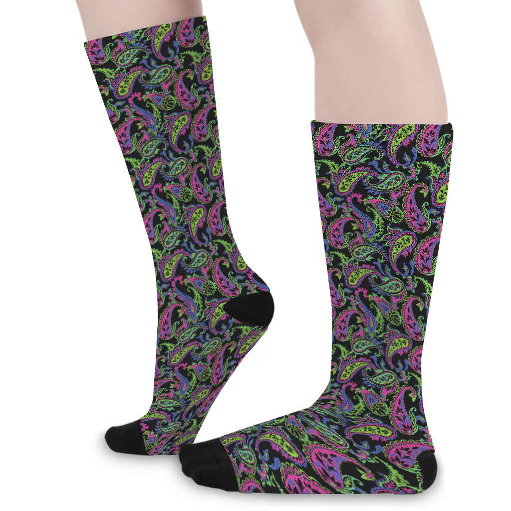 Pink Blue And Green Paisley Print Long Socks