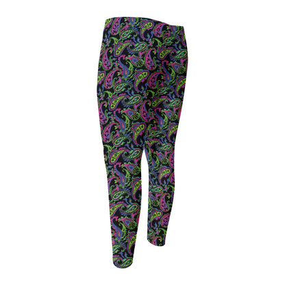 Pink Blue And Green Paisley Print Men's Compression Pants