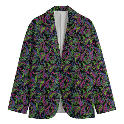 Pink Blue And Green Paisley Print Men's Cotton Blazer