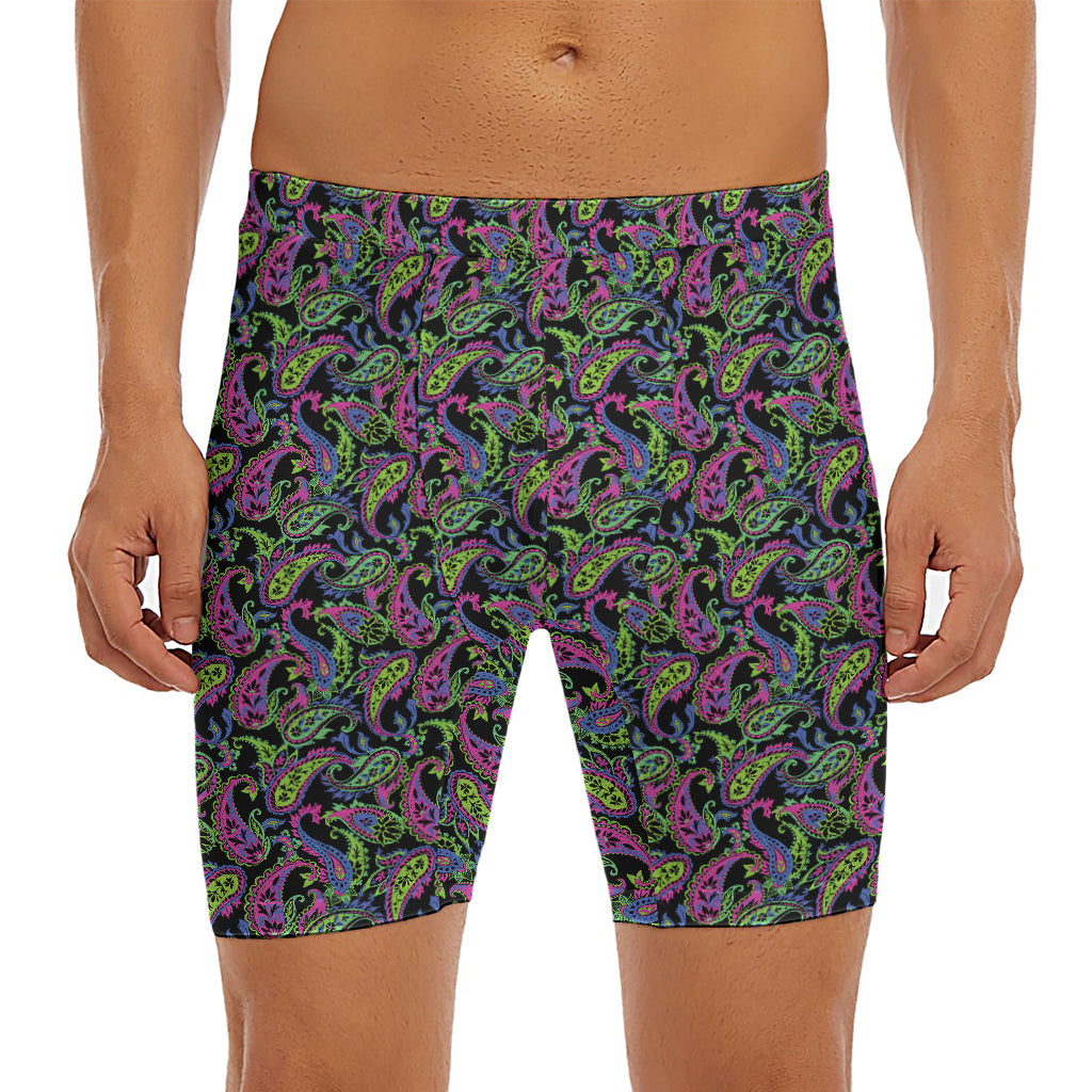 Pink Blue And Green Paisley Print Men's Long Boxer Briefs