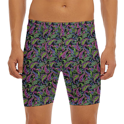 Pink Blue And Green Paisley Print Men's Long Boxer Briefs