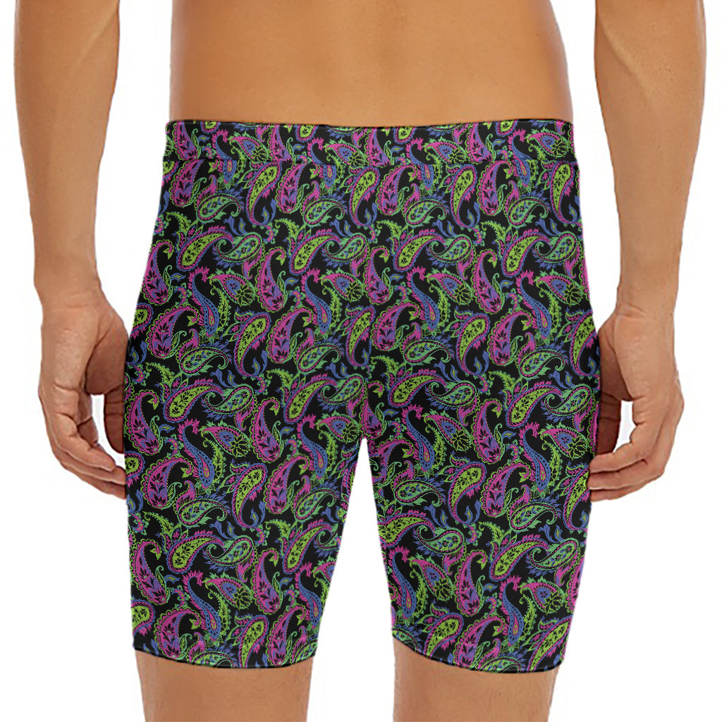 Pink Blue And Green Paisley Print Men's Long Boxer Briefs