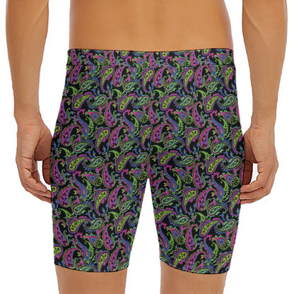 Pink Blue And Green Paisley Print Men's Long Boxer Briefs