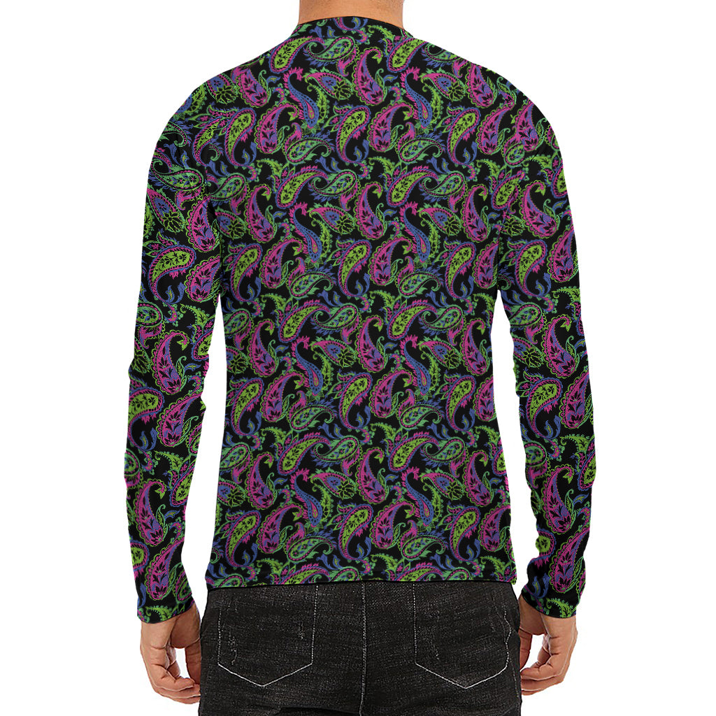 Pink Blue And Green Paisley Print Men's Long Sleeve Rash Guard