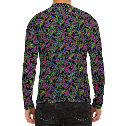 Pink Blue And Green Paisley Print Men's Long Sleeve Rash Guard