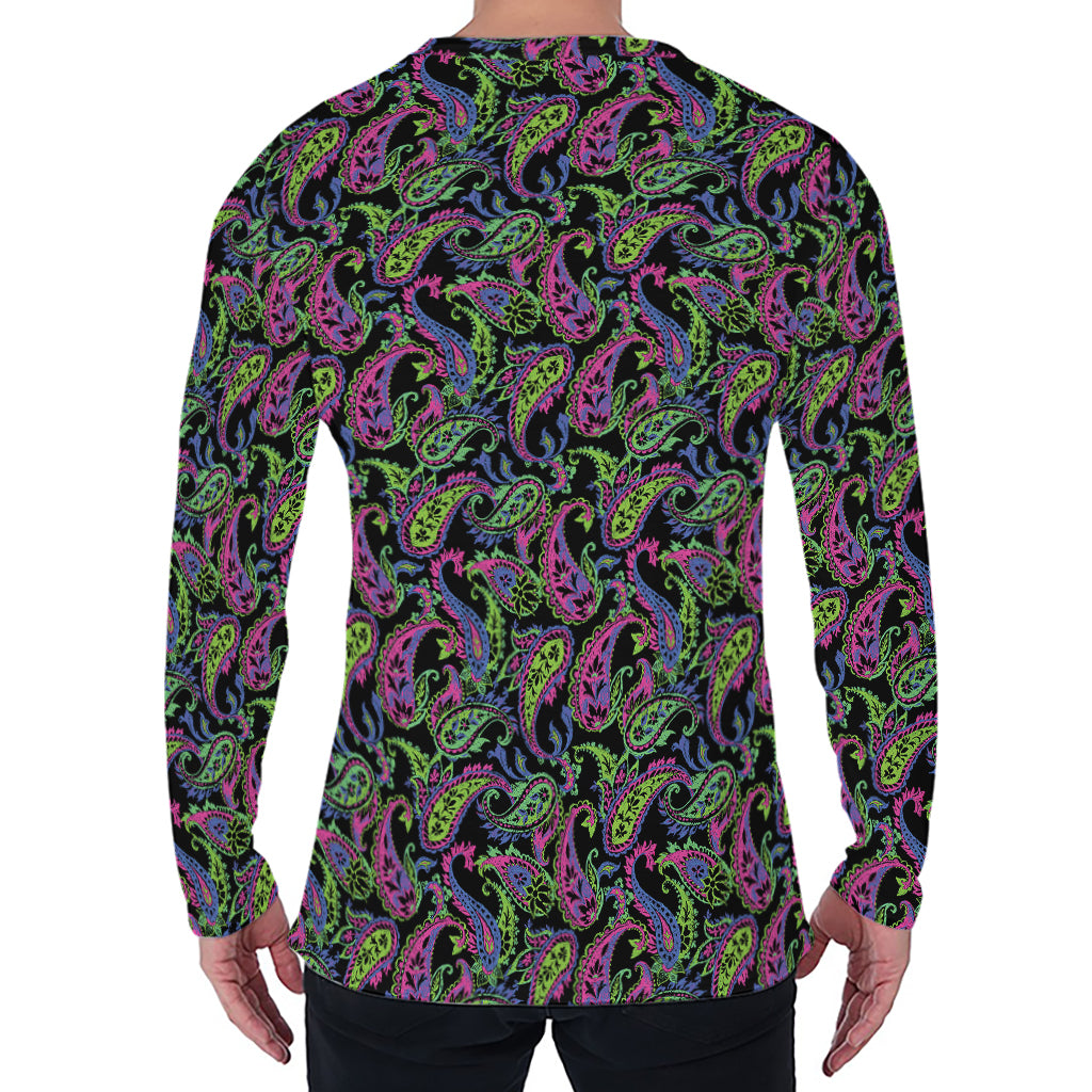 Pink Blue And Green Paisley Print Men's Long Sleeve T-Shirt