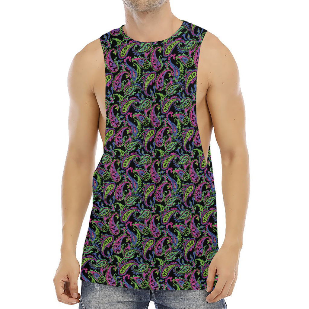 Pink Blue And Green Paisley Print Men's Muscle Tank Top