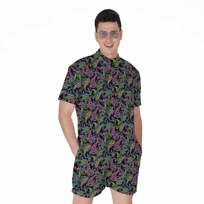 Pink Blue And Green Paisley Print Men's Rompers