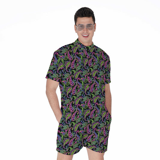 Pink Blue And Green Paisley Print Men's Rompers