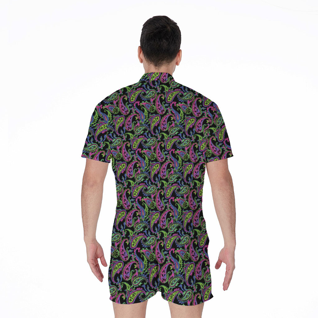 Pink Blue And Green Paisley Print Men's Rompers