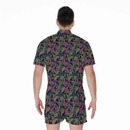 Pink Blue And Green Paisley Print Men's Rompers
