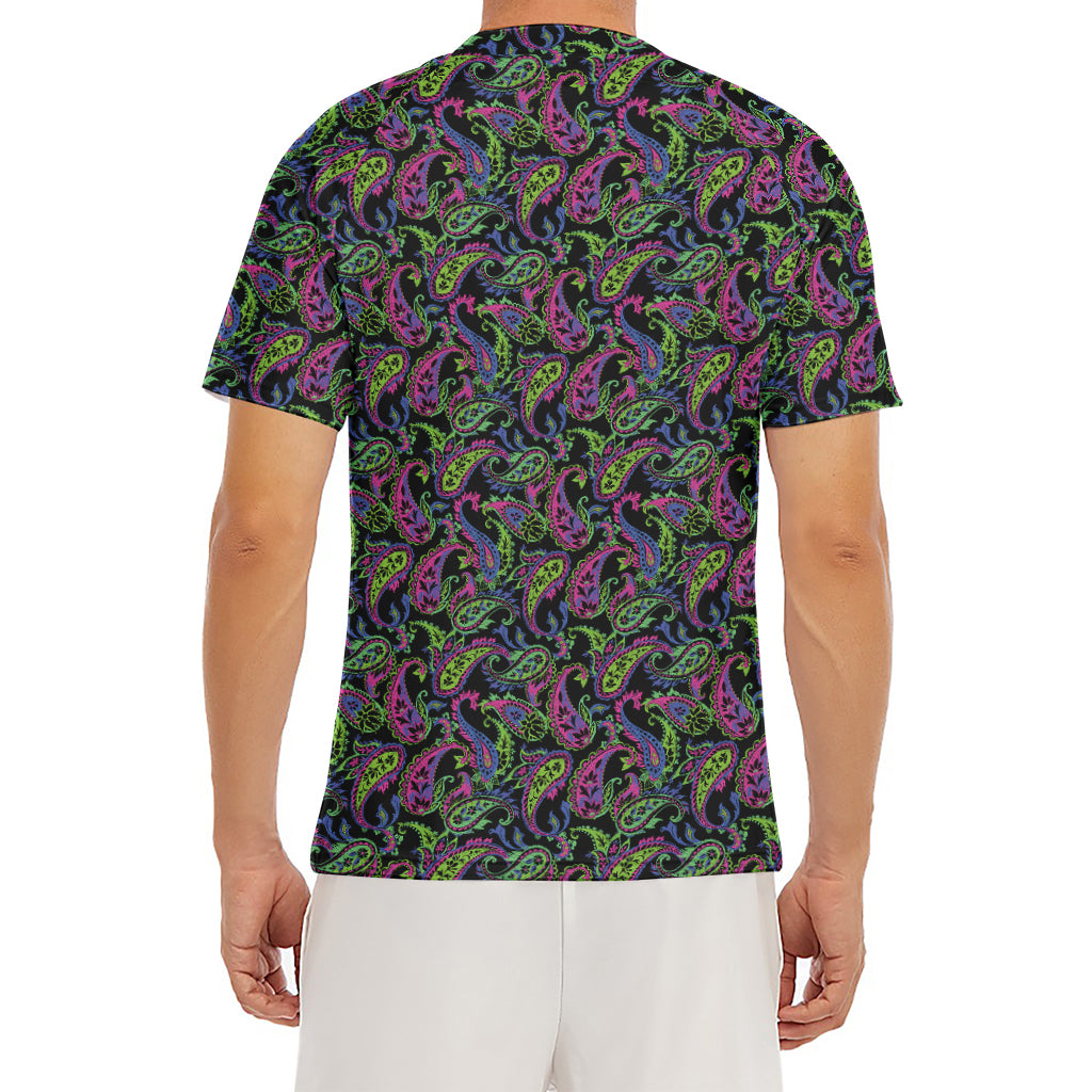 Pink Blue And Green Paisley Print Men's Short Sleeve Rash Guard
