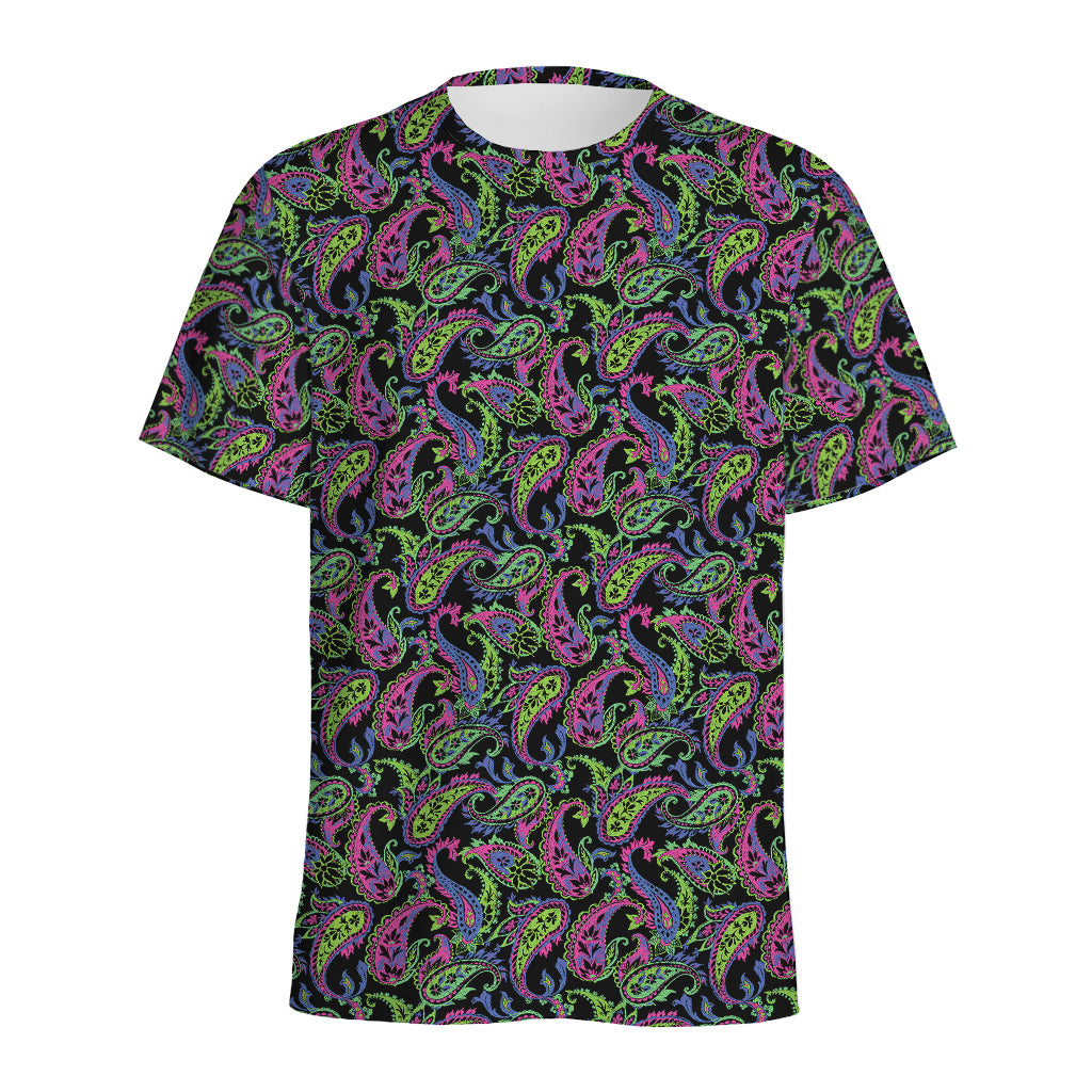 Pink Blue And Green Paisley Print Men's Sports T-Shirt