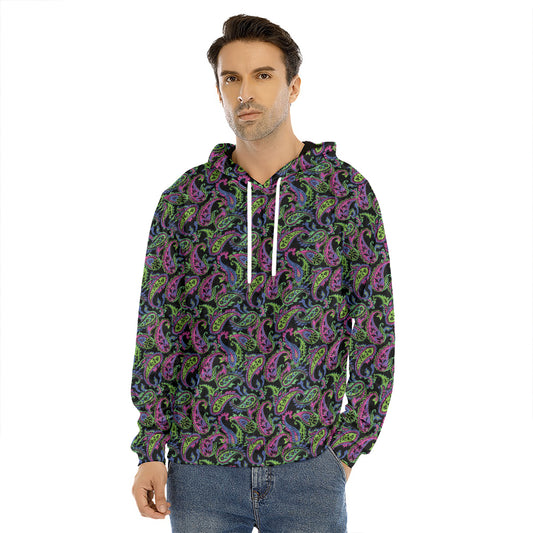 Pink Blue And Green Paisley Print Men's Velvet Pullover Hoodie