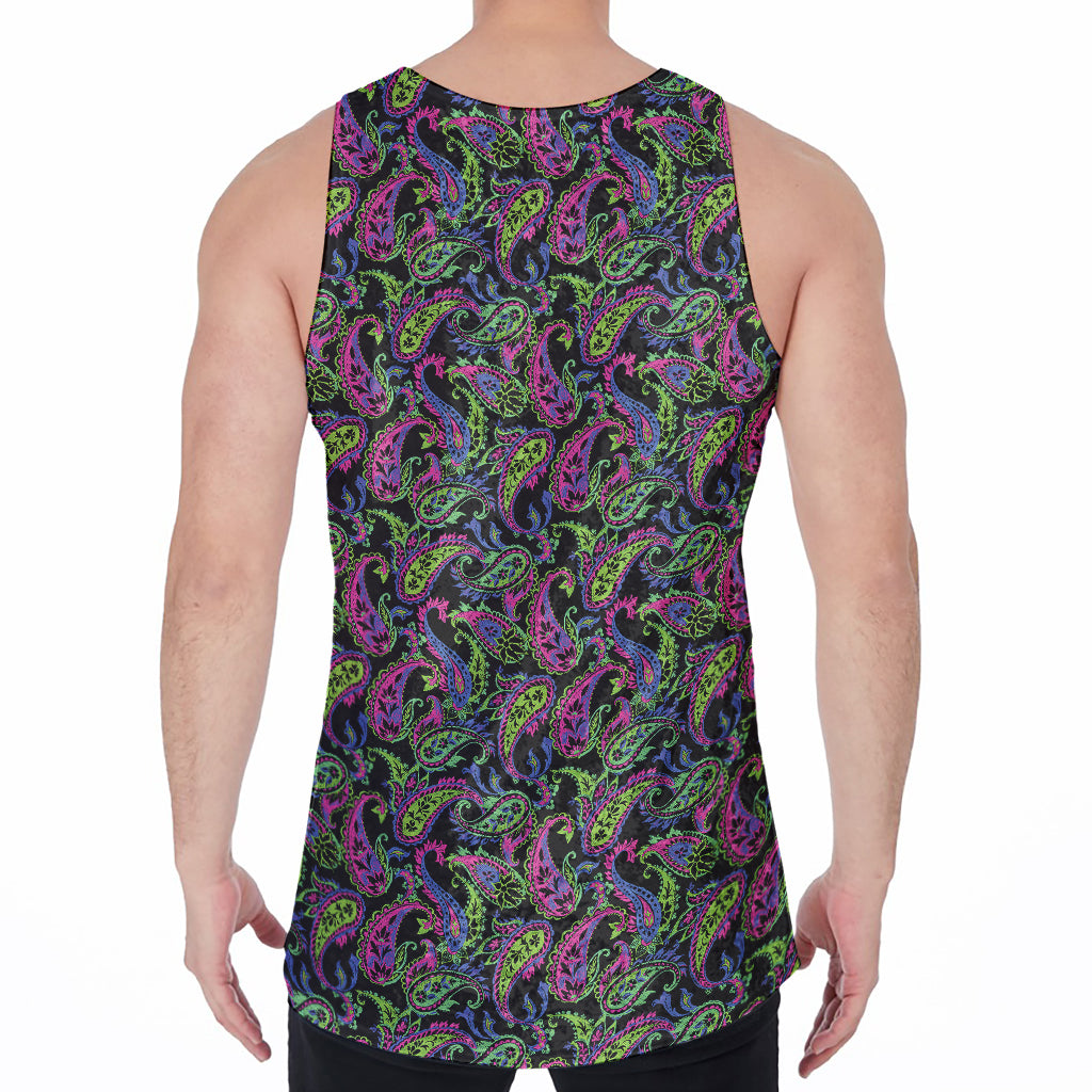 Pink Blue And Green Paisley Print Men's Velvet Tank Top