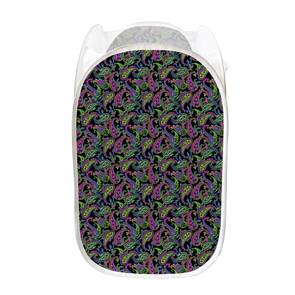 Pink Blue And Green Paisley Print Mesh Laundry Hamper