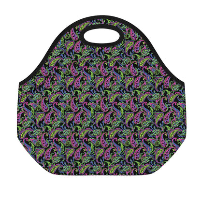 Pink Blue And Green Paisley Print Neoprene Lunch Bag