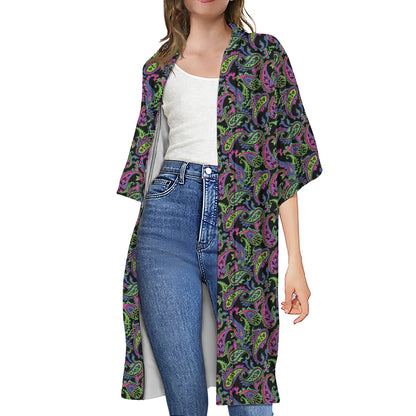 Pink Blue And Green Paisley Print Open Front Beach Cover Up