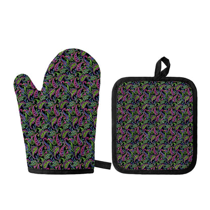 Pink Blue And Green Paisley Print Oven Mitt And Pot Holder Set