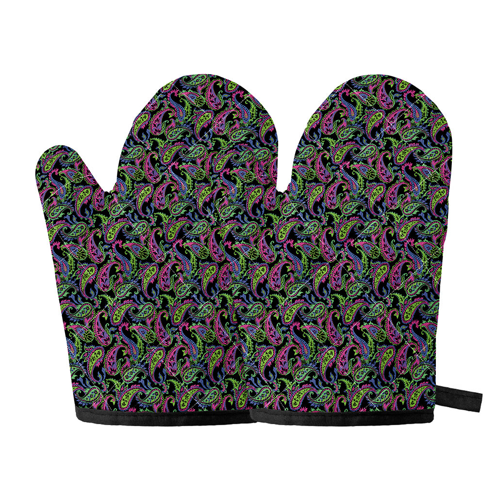 Pink Blue And Green Paisley Print Oven Mitts