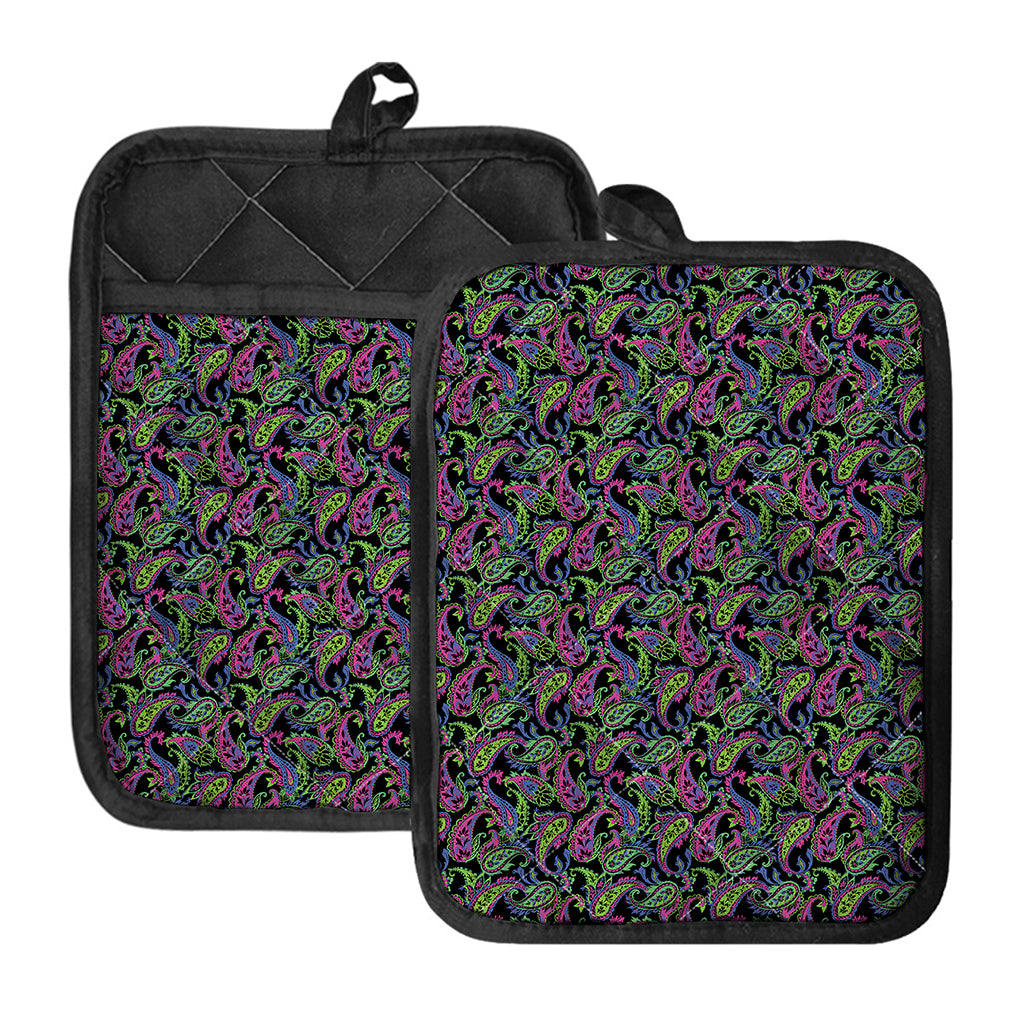 Pink Blue And Green Paisley Print Pot Holders With Pocket